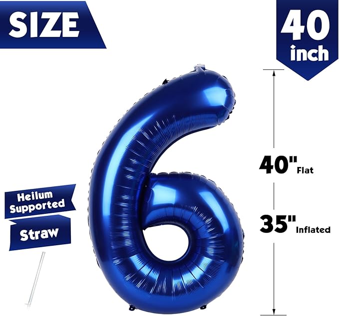 40 Inch Night Blue Number 6 Balloon, Giant 6 Number Balloons for 6th Birthday Decorations, Party Supplies for Baby Boy Girl, Night Blue Party Decor