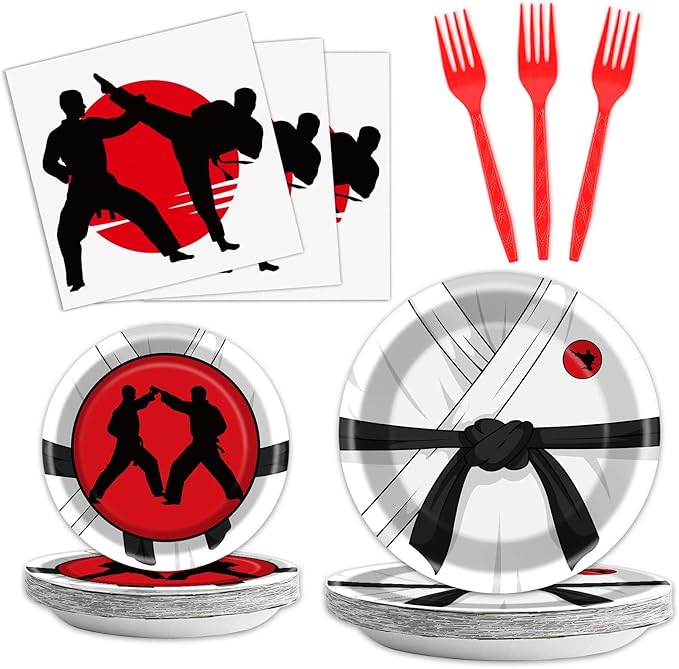 gisgfim 96 Pcs Karate Party Supplies Paper Plates Napkins Karate Themed Party Birthday Decorations Favors for Boys & Girls Birthday Serves 24