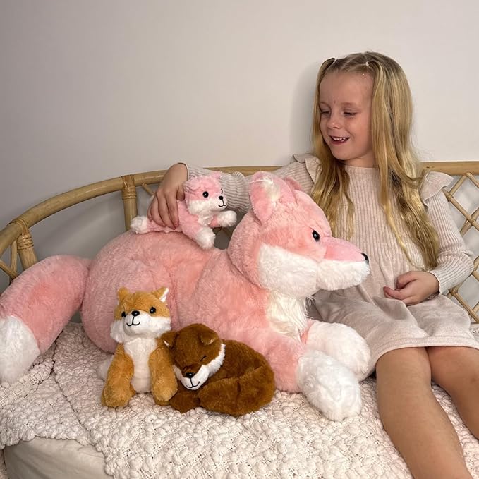 4Pcs Fox Stuffed Animal Set, Large Mommy Pink Fox Plush 22 Inch with 3 Baby Foxes in Her Zippered Tummy, Stuffed Fox Plushie Toy for Girls and Kids