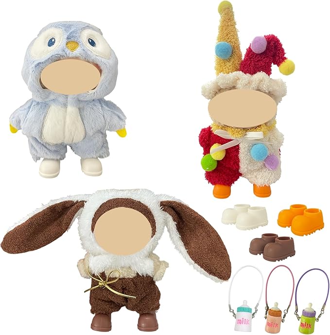 3PCS Animal Costume Outfits for 17cm Dolls, Include Blue Penguin, Brown Rabbit, and Festive Clown Clothes with Shoes and Mini Bottle, Cute Dress Up Accessories, (No Dolls)