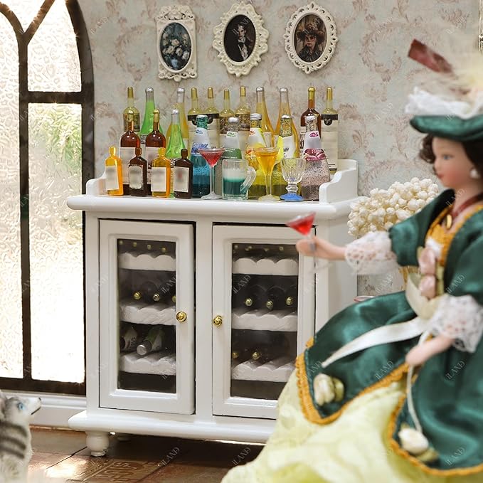 iLAND Dollhouse Furniture Mini Wine Cabinet Dollhouse Kitchen 1 12 Scale Furniture for Miniature Wine Bottles Wooden Doll House Shelf Mini House Décor Realistic Classic