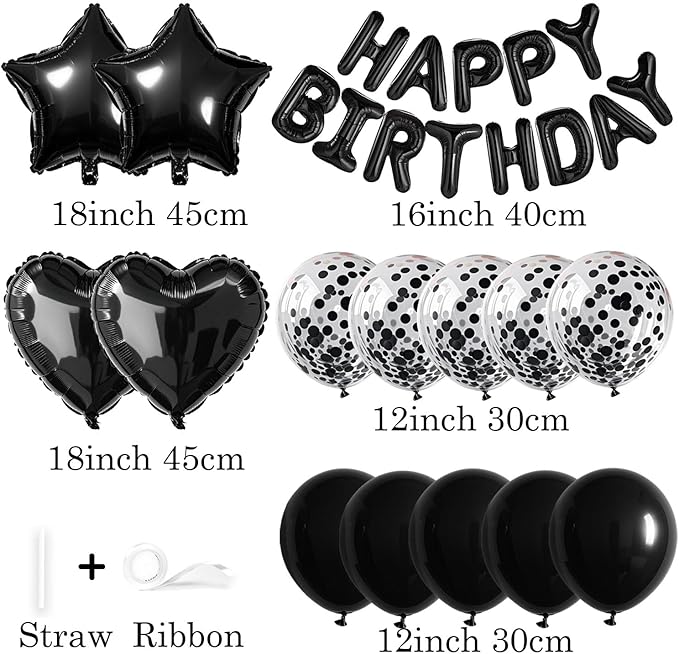 27 Pcs Black Birthday Decorations, 3D Foil Black Happy Birthday Balloon Banner, Pentagram Heart Foil Balloons Confetti Balloons Kit For Boys Girls Birthday Party Supplies