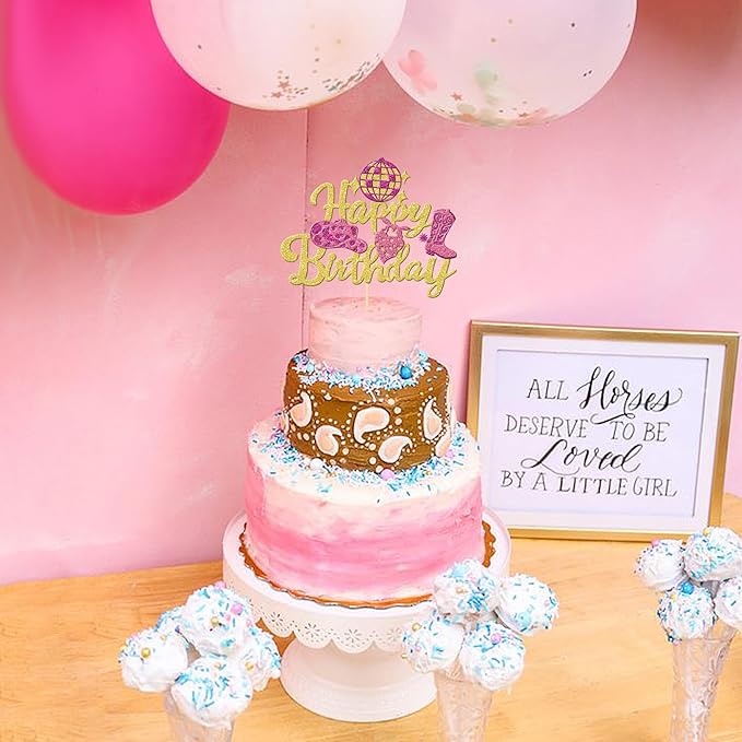 1 PCS Glitter Western Cowgirl Birthday Cake Topper - Disco Cowgirl Cake Decorations for Western Rodeo Theme Girls Birthday Party Supplies - Gold