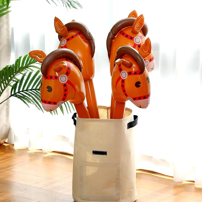 Chivao 12 Pieces Inflatable Stick Horse Cute Horse Head Stick Blow up Balloon Colorful Cowboy Cowgirl Party Decorations for Themed Birthday Party(Coffee Color)
