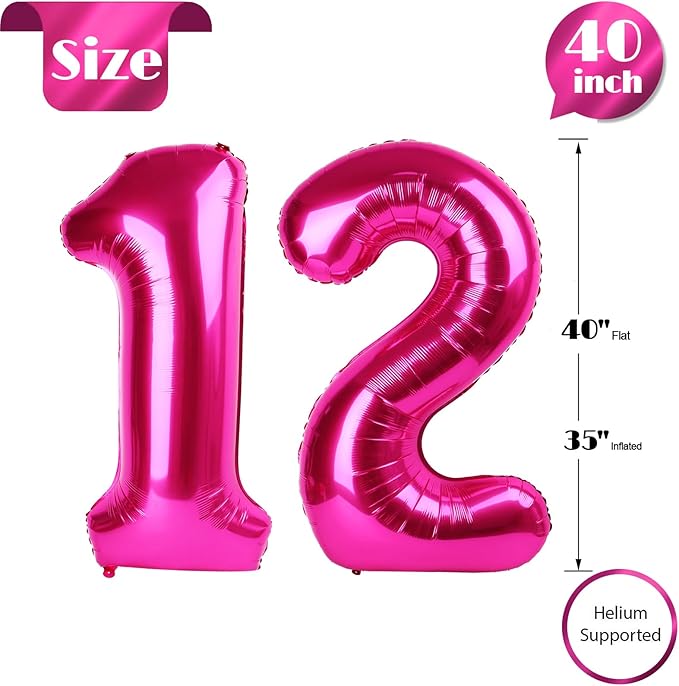 Hot Pink Number 12 Balloons 40 inch, 12 Number Balloons, 12th Birthday Decorations for Girls 12 Year Old Hot Pink Party Supplies