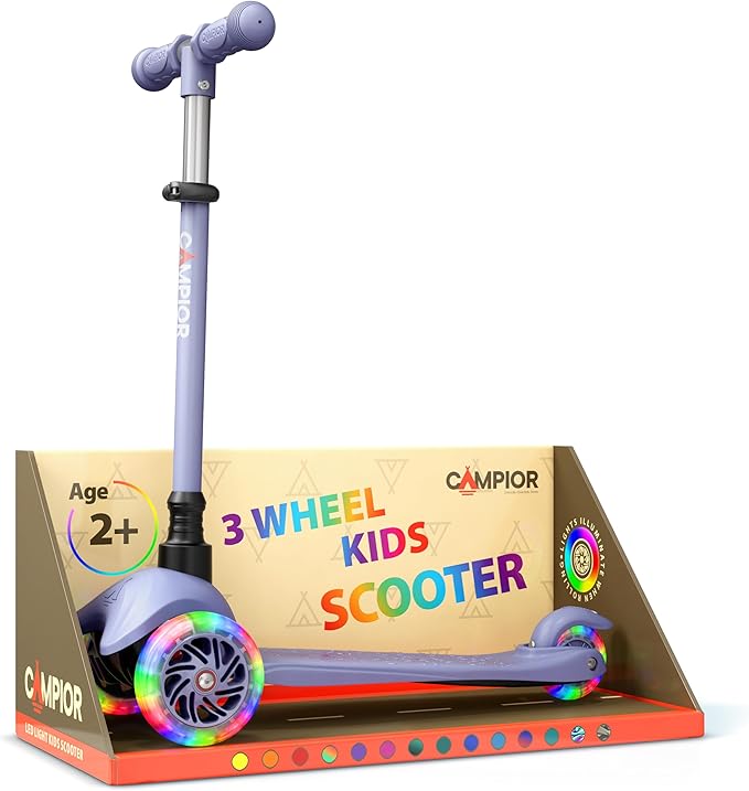Gray Mini 3 Wheel Scooter for Kids – Lean-to-Steer Kick Scooter with LED Light-Up Wheels, Adjustable Handlebar, Wide Anti-Slip Deck, Smooth PU Wheels, Rear Foot Brake – Suitable for Ages 2+