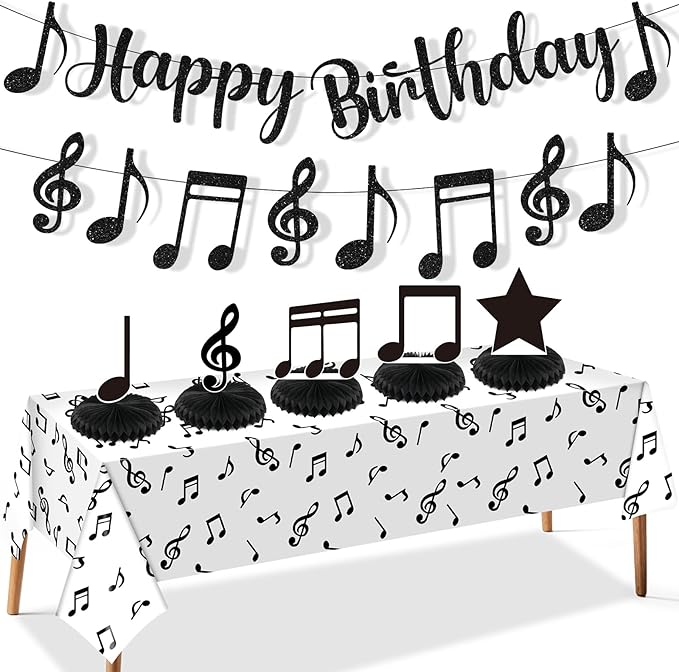 Music Party Decorations Black Musical Note Happy Birthday Bunting Banner Notes Tablecloth and 5Pcs Table Honeycomb Centerpieces Decor for Girls Kids Adults Music Themed Birthday Wedding Party Supplies