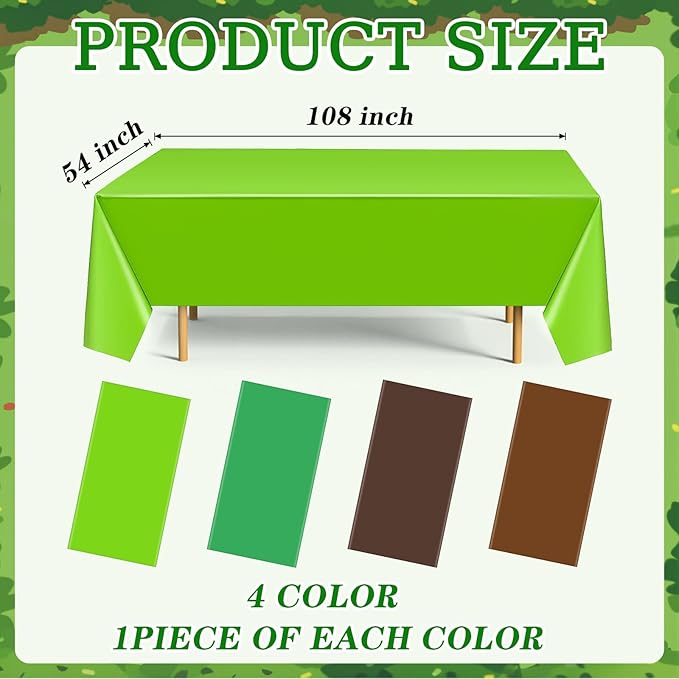 4 Pack Green and Brown Party Tablecloth Bulks 54 x 108 Inches Disposable Plastic Pixel Gaming Tablecloth Green Brown Table Cover for Picnic Video Game Birthday Party Supplies