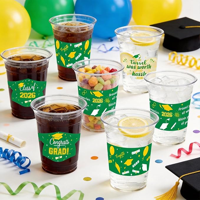 GuassLee Green and Gold Graduation Decorations Class of 2026, 50 Pack 12 oz Graduation Plastic Disposable Cups for Drinks 2026 School Grad Party Favors Supplies