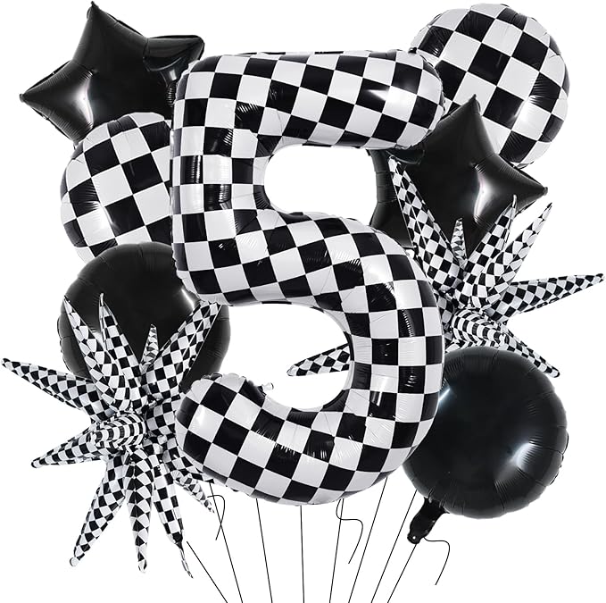 TONIFUL 40 Inch Checkered 5th Birthday Balloons Set Number 5 Race Car Black White Checkered Round Explosion Star Balloons Boys Race Car Themed Birthday Party Decoraction