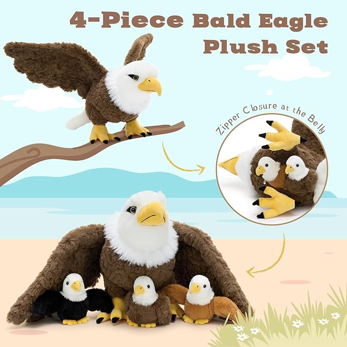 4Pcs Bald Eagle Stuffed Animal with Bendable Wings, 31.5 Inch Mommy Eagle Plush with 3 Chicks, Eagle Plushie Toy Gifts for Boys and Kids