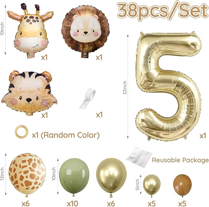 Jungle Safari Birthday Balloons, Animal Balloons Décor Happy Birthday Party Decoration for Wedding Birthday Party (Number 5)