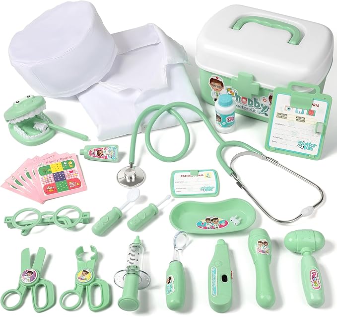 Durable Doctor Kit for Kids, 27 Pcs Deluxe Pretend Play Medical Kit Toy with Real Stethoscope, Doctor Kit for Toddlers Boys Girls Birthday Gift (Green)