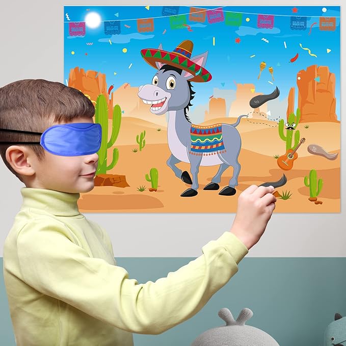 Morcheiong Pin The Tail on The Donkey Game with 48 Tails, Mexican Fiesta Party Favors Supplies Decorations, Birthday Party Game for Kids