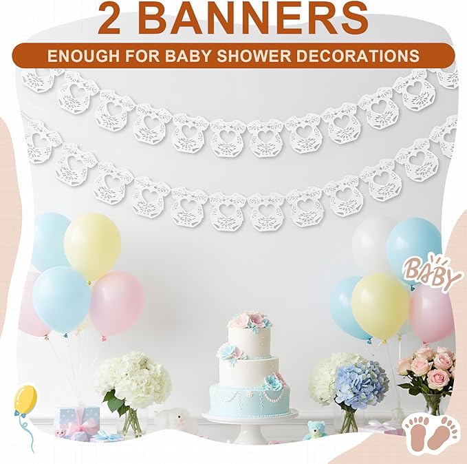2 Pack Cielito Lindo Papel Picado Baby Shower Banner Decoration, Mexican 24 Pcs Bodysuit Card with Hanging String Fiesta Garland for Gender Baby Shower Party Supplies(Classic Color)