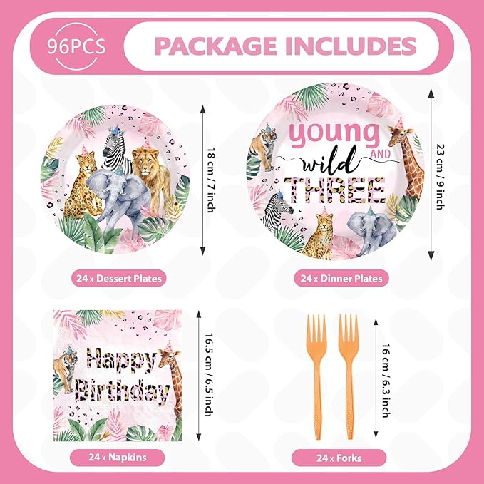 96Pcs Young Wild and Three Party Supplies Safari 3rd Birthday Plates and Napkins Safari Jungle Animal Disposable Paper Tableware Set for Girl 3 Year Old Birthday Party Supplies Serves 24