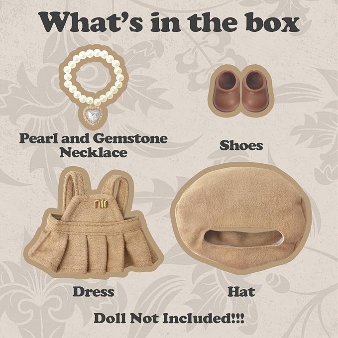 Clothes Compatible with LABUBU – Blue & White Tweed Dress with Bow, Bracelet & Shoes | 4PCS Couture-Inspired Outfit for 8-Inch Dolls (Mocha Beige Chic)