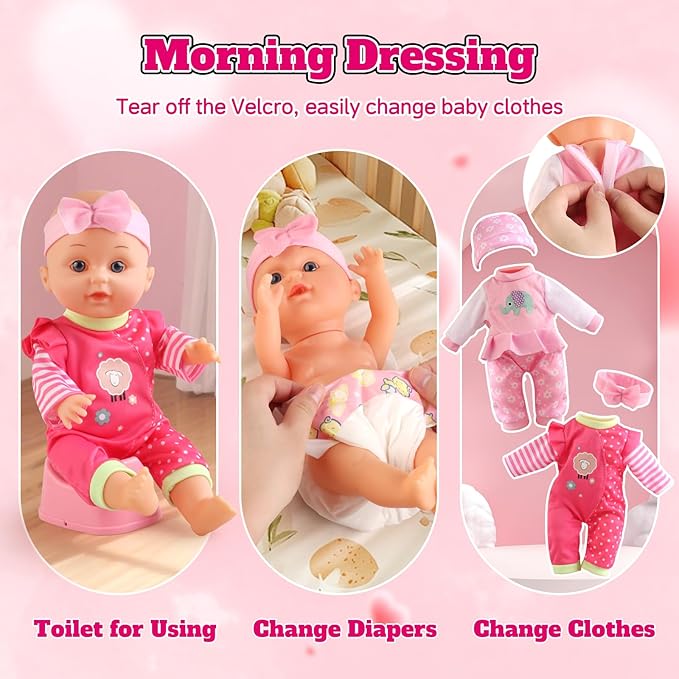 Baby Doll Stroller Set - A 12.5" Baby Doll with Doll Accessories & 2 Sets Clothes, Baby Doll Stroller for Toddlers 3-5, Doll Playset Toy Stroller for Kids, Gifts for Girls 3 4 5 Year Old Girls Toys