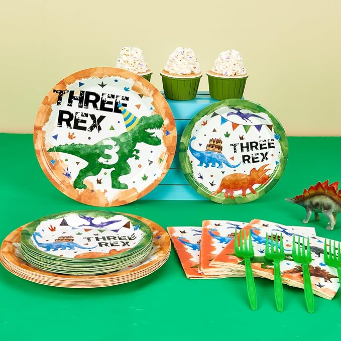 WERNNSAI Three Rex Birthday Decorations - 64PCS Dinosaur Plates Napkins and Forks Dinosaur 3rd Party Decorations 3 Rex Plates and Napkins for Kids Boys 3 year old Birthday Decor Serves 16 Guests