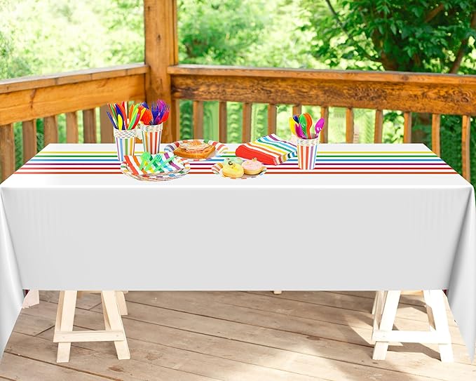 154 Pcs Rainbow Birthday Party Decorations 2 Rainbow Striped Tablecloth Disposable Dinnerware Set Colorful Plates Paper Cups Napkins Cutlery for Happy Birthday Wedding Party Supplies