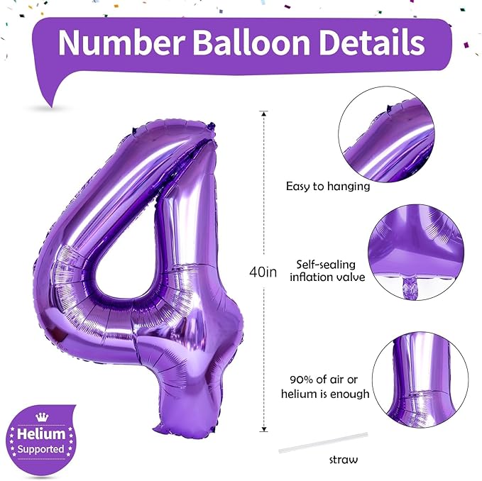 40 Inch Number Balloons 4 for Kids, Large Purple Number Balloon with Foil Helium for Girls Women 40 Years Old 4th Birthday Party Decorations Anniversary Graduation Party Decoration Supplies