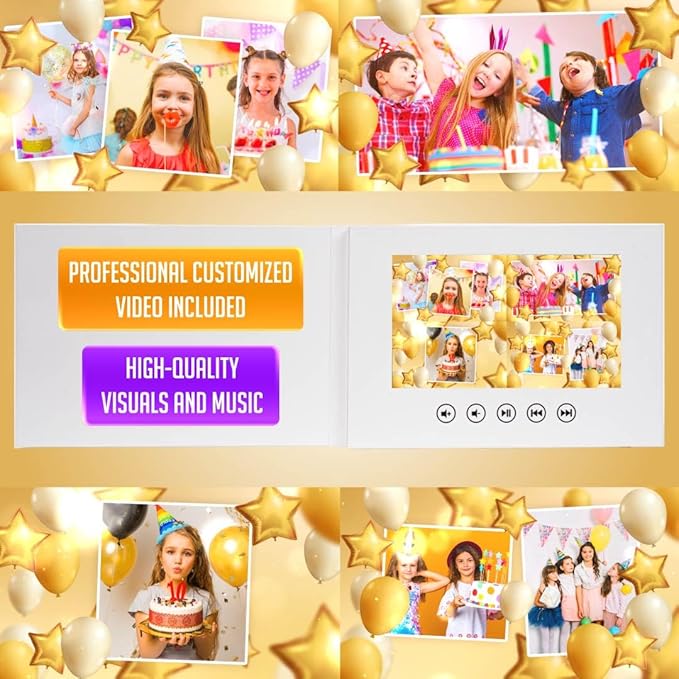 Personalized Girl’s Birthday Greeting Card with Video – Add 11 Photos – Custom Animated Slideshow – 7” LCD Screen, USB Rechargeable, 8GB Built-in Memory
