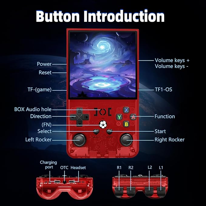 R36MAX Retro Gaming Console, Retro Handheld Games Console with 64GB TF Card, Portable Hand Held Open Source Linux System, 4.0 inch IPS HD Screen Video Game Consoles, 4000mAh Battery,Transparent Red