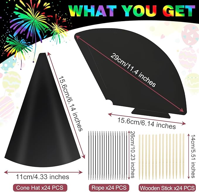 72 PCS Rainbow Scratch Party Hats Bulk Colorful DIY Birthday Cone Hats for Kids and Adults, Fun Birthday Decoration Supplies for Parties and Celebrations