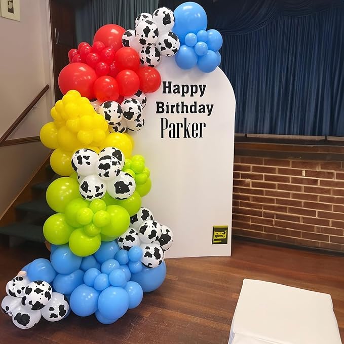 Toy Kids Birthday Balloons, 12 Inch Red Yellow Blue balloons With Cow Print Sky Light Blue Cloud Balloon, Lime Green Balloon for Toy Birthday Decorations Boys Girls Party Decorations