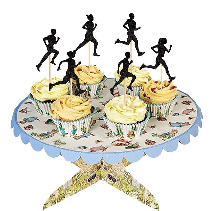 24 PCS Running Cupcake Toppers Black Glitter Sports Fitness Cupcake Picks for Running Theme Boys Girls Birthday Party Cake Decorations Supplies