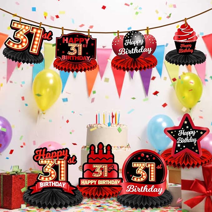 Happy 31st Birthday Red and Black Table Honeycomb Centerpieces Balloons Theme Decor Table Decorations Table Toppers for Girls Women Princess 31 Years Old Birthday Party Bday Supplies Background Gold