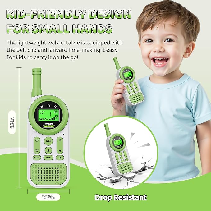 Walkie Talkies for Kids 2 Pack: 22 Channels 2 Way Radio Toys for 3-12 Year Old - VOX LED 3 Miles Long Range - Camping Hiking Birthday Boys Girls Green