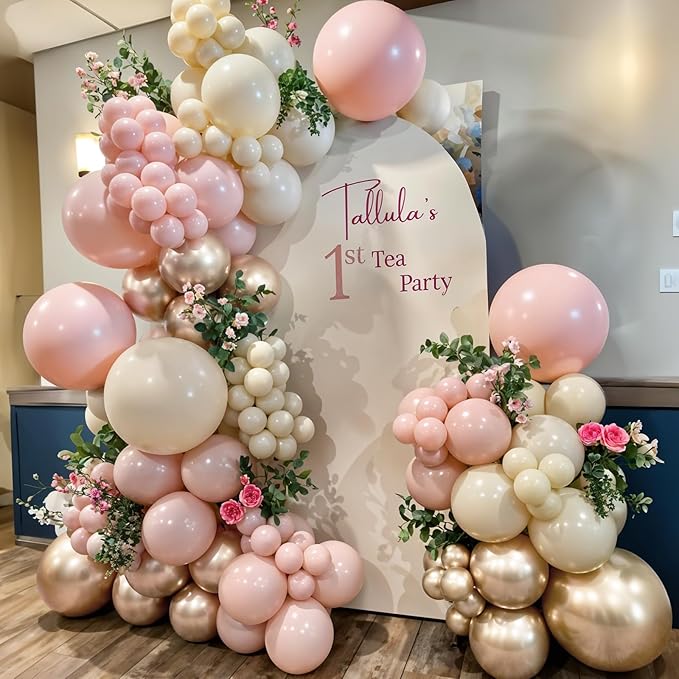 Pink and Gold Balloons 12 Inch Pastel Light Baby Pink Double Stuffed Sand White Sand Beige Champagne Gold Metallic Latex Party Balloon for Boho Birthday Baby Bridal Shower Wedding Party Decor