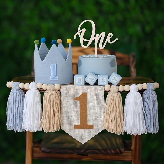 Baby Boy First Birthday Party Decorations Blue White High Chair Banner 1st Crown Hat Cake Topper