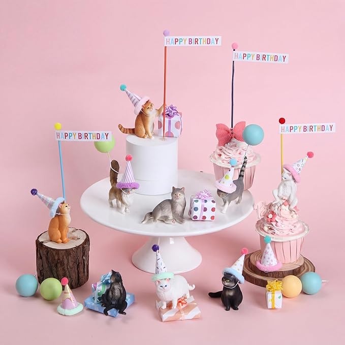Weysat 37 Pcs Cat Birthday Party Decorations, Cat Cake Cupcake Toppers with Mini Hats Miniature Flags Gift Boxes Balls Figure Models for Kitty Birthday Party Supplies Adults