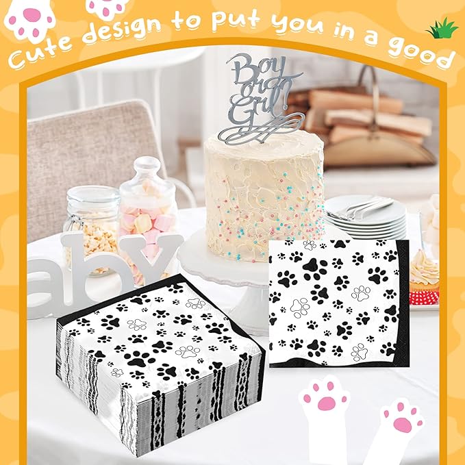 CHENGU 100 Pieces Paw Print Napkins 2 Layers Paw Print Party Supplies Farm Animal Party Napkins for Animal Themed Birthday Western Part, 5 x 5 Inch(Black)