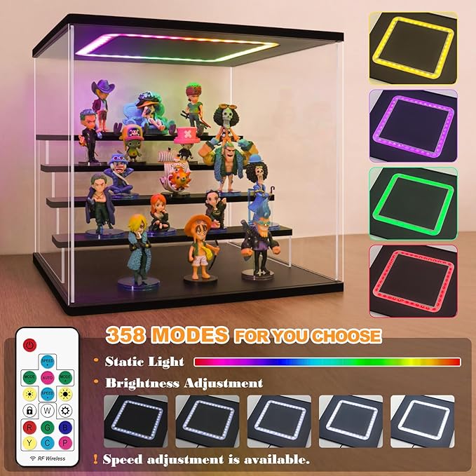 NONEMEY Clear Acrylic Display Case with Light ,3/4/5/6 Tier Multiple Color Lights via Remote Control Dustproof Display Box for Collectibles Figures Mini Toys (5Tier 12.4*12.2*12inch )