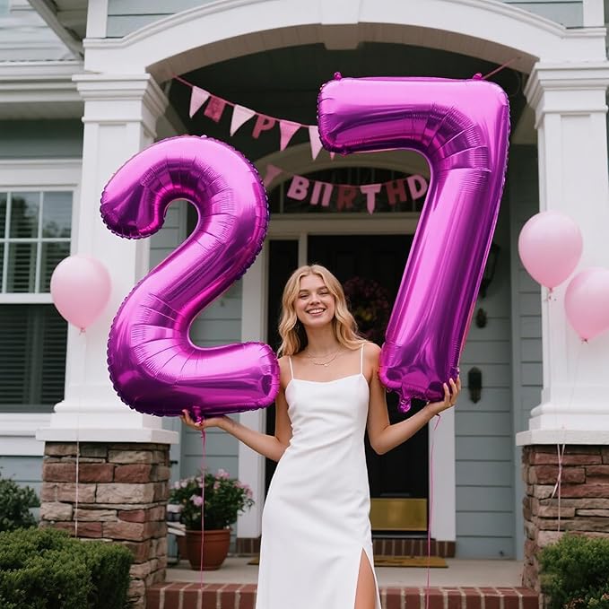 40 Inch Large 27 Balloon Numbers Rose Purple Big Foil Number Balloons Giant Helium Happy Birthday Party Decorations for Man and Women, Huge Mylar Anniversary Party Supplies