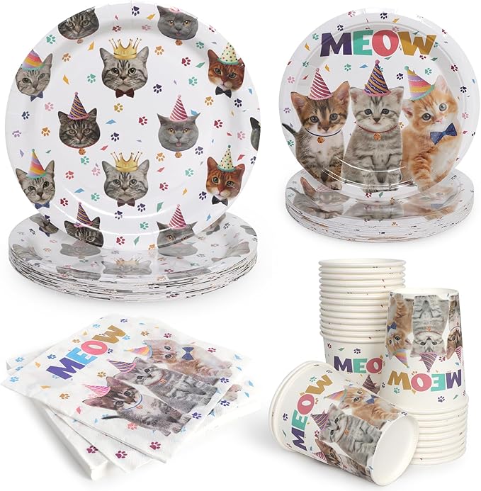 96Pcs Cat Birthday Party Supplies Pet Cat Paper Plates and Napkins and Cups Baby Shower Kids Birthday Tea Party Decorations, Serves 24