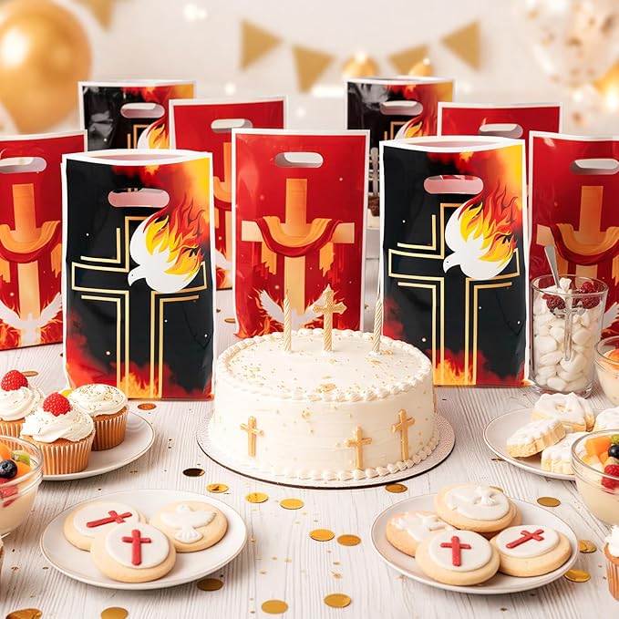 Pentecost Christian Party Favor Bags - 50Pcs Religious Christian Flame Cross Dove Goody Treat Bags, Jesus Holy Spirit Party Decoration for Pentecost Church Sunday School Liturgical Seasons