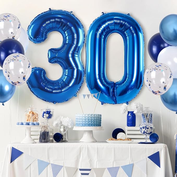 Number 30 Balloon Pastel Blue for Kids, XXL 30th Birthday Decor Foil Balloon Dark Navy Blue with Silver Confetti Helium Balloon, 40 Inch Balloon 30 for Women Birthday Party Men Anniversary Decorations