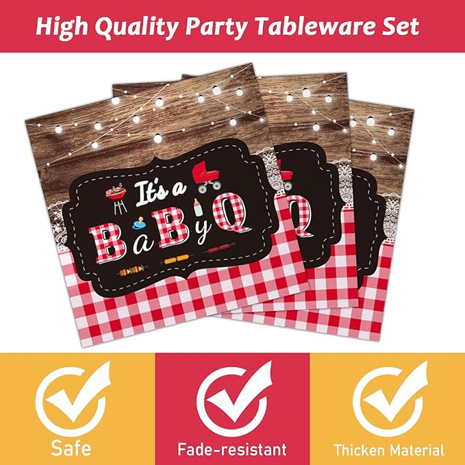 Tevxj 96 PCS BBQ Baby Shower Plates Napkins BabyQ Party Tableware It’s A Baby Q Disposable Paper Plates Napkins Sunflower Rustic Barbecue Gender Reveal Baby Shower Party Decorations Supplies Favors