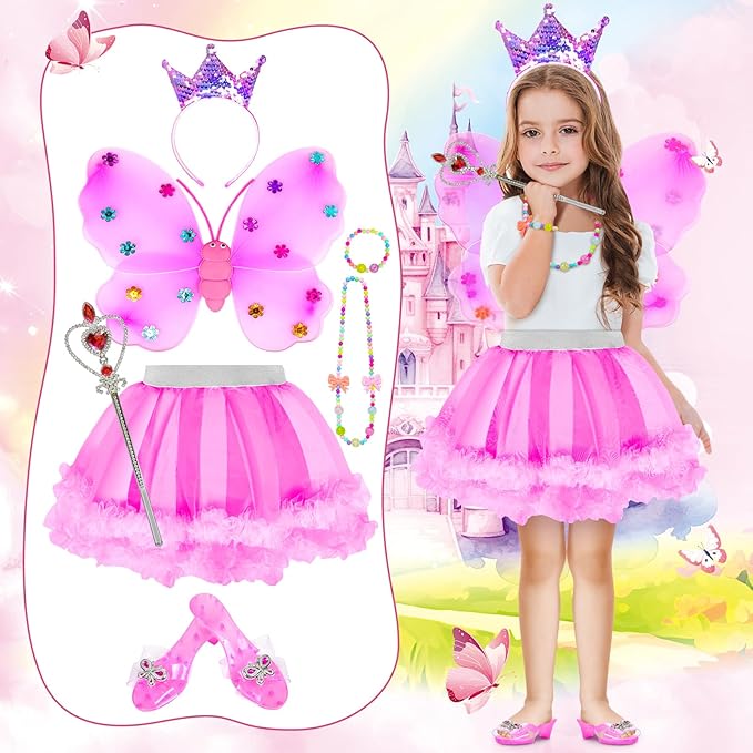 Princess Dress Up for Girls 4-6 With Tutu Shoes Jewelry Unicorn Headband Butterfly Wing Toddler Dress Up Clothes Pretend Play Fairy Costumes Set for Girls Christmas Birthday Gift 3 4 5 6 7 Girl Toys