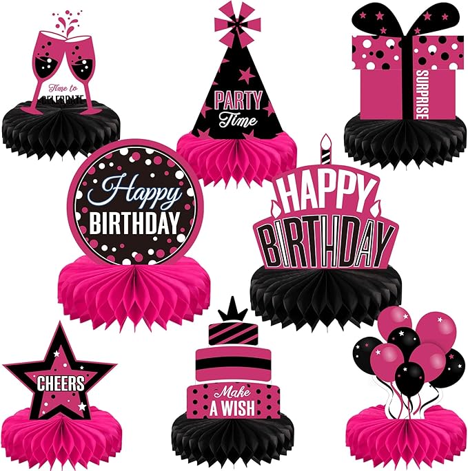 Pajean 8 Pieces Pink and Black Birthday Party Honeycomb Centerpieces Pink and Black Table Centerpieces Decorations Table Centerpiece Sign for Kids Adults Party Supplies