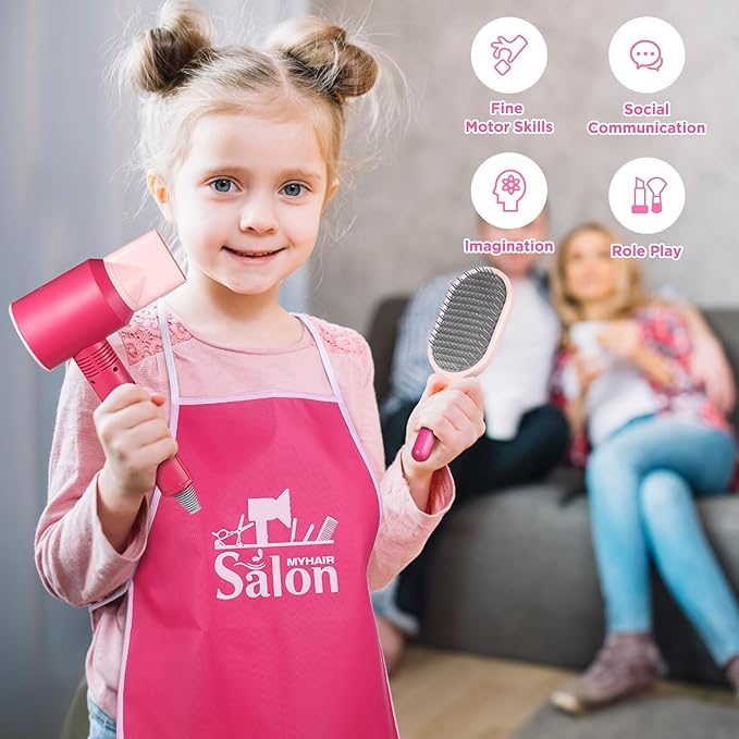 GAGAKU Pretend Hair Salon Toys for Girls,Pretend Makeup for Toddlers Dress Up Beauty Salon Set Stylist Kit with Hair Dryer Apron Curling Flat Scissors Accessories Girl Gifts
