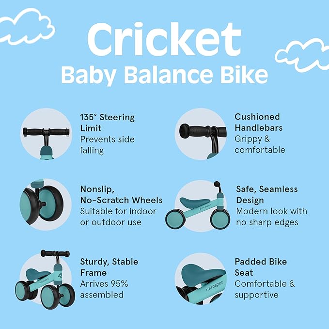 Retrospec Cricket Baby Balance Bike, 4-Wheel Ride-On Toy for Ages 12-24 Months – First Bike & Toddler Bike for 1 Year Old Boys & Girls, First Birthday Gift
