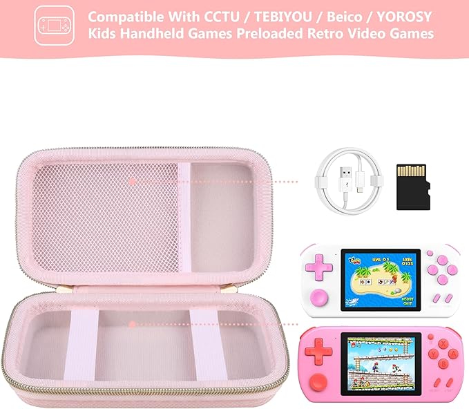 Supmay Carrying Case Compatible with CCTU / TEBIYOU Kids Handheld Games Preloaded 218 Retro Video Games, Portable Gaming Electronic Toys Storage Holder Travel Bag with Mesh Pocket for USB Cable, Pink
