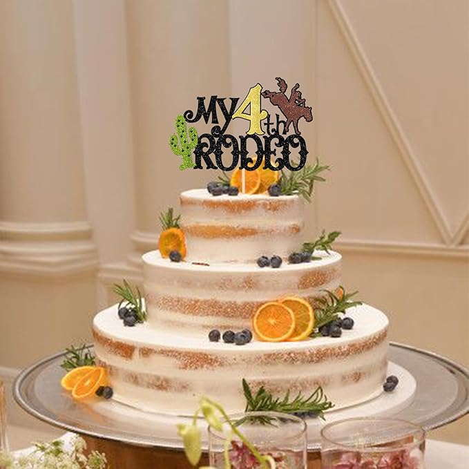 1 PCS My 4th Rodeo Cake Topper Brown Glitter Cactus Four Birthday Cake Pick Decoration for Western Little Cowboy Theme Baby Shower Kids 4th Birthday Party Cake Decorations Supplies
