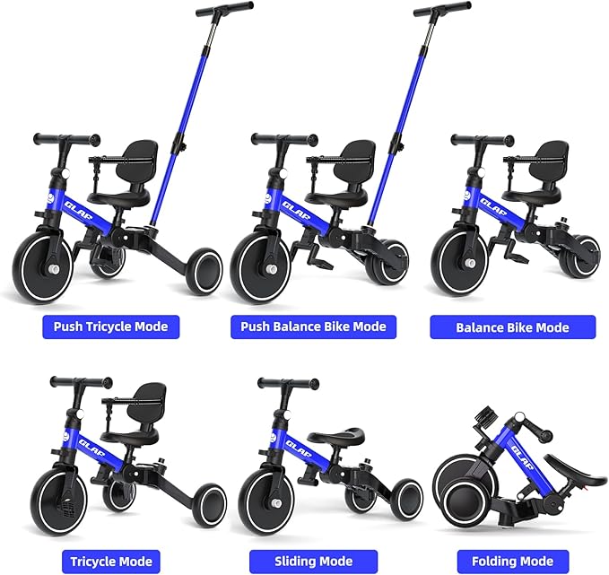Glaf Tricycle for Toddlers 1-3 Toddler Bike with Push Handle 2-4 Years Baby Bike Toys for 2 Years Boys and Girls Balance Bike with Adjustable Seat Height and Backrest Birthday Gift (Blue)
