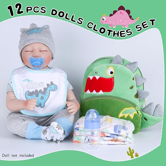 PEDOLLTREE Reborn Baby Dolls Clothes Accessories Dinosaur Outfit Set 12 Pcs Set for 17-22 Inch Reborn Doll Newborn Baby Boy with Green Dinosaur Backpack